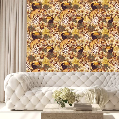 Behang Tropische bloemen naadloze achtergrond met Tiger