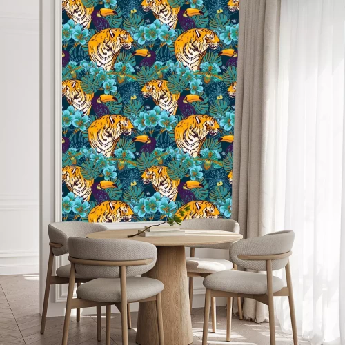 Behang Tropisch patroon met tijger en toekans