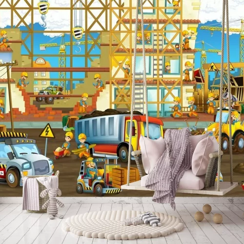 Fotobehang Cartoon bouwplaats met arbeiders
