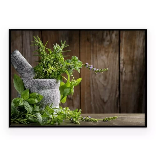 Poster Een stenen vijzel gevuld met verse kruiden.