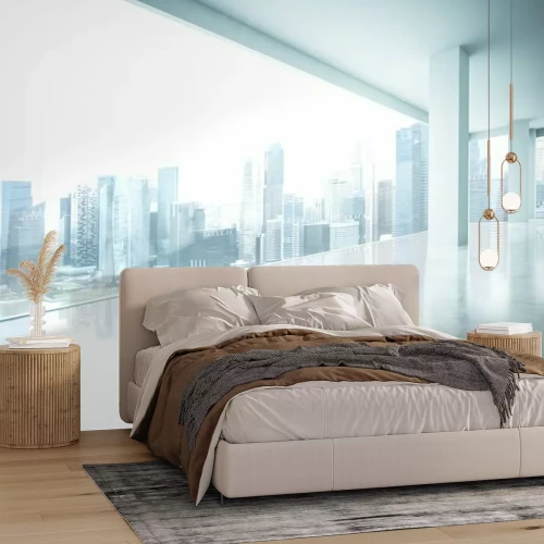 Fotobehang Leeg kantoorinterieur met uitzicht op wolkenkrabbers