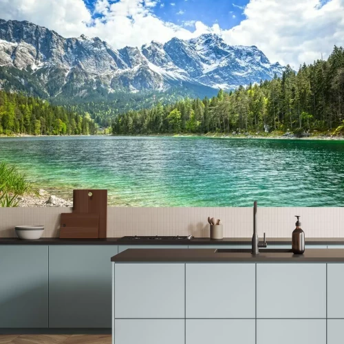 Fotobehang Panorama van bergen en turquoise water