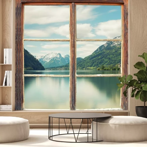 Fotobehang Uitzicht door het houten raam naar de bergen