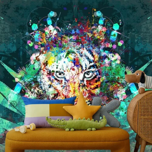 Fotobehang Tijger in spatten van kleur