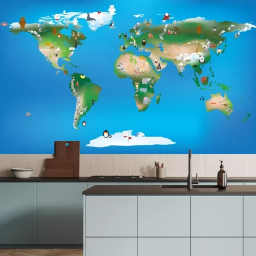 Sticker wereldkaart voor kinderen met behulp van cartoons van dieren en beroemde lan