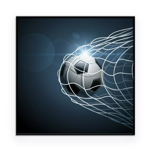 Poster De bal die het doel ingaat tegen een marineblauwe achtergrond