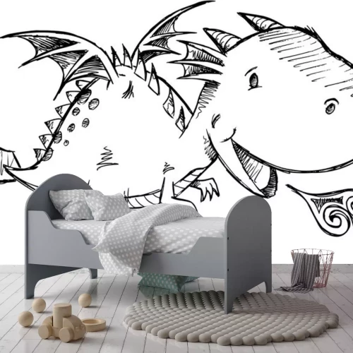 Sticker Vuurspuwende draak zwart-wit schets