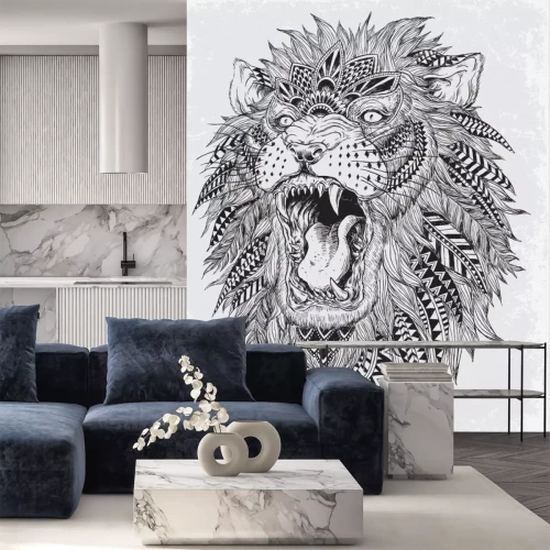 Sticker Leeuwenkop van een leeuw met veren in de manen