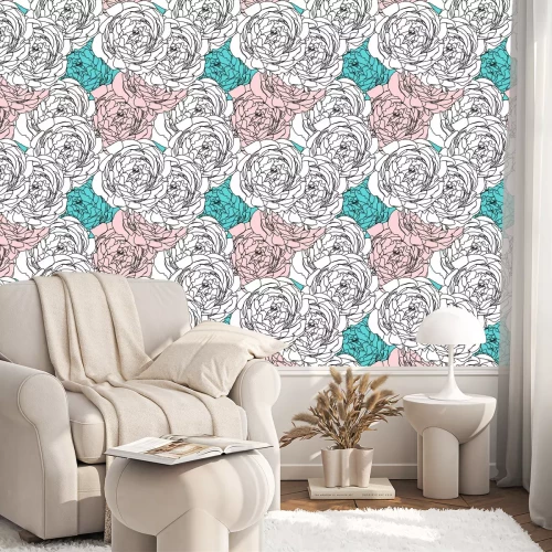 Behang Rozen wit-roze-blauwe bloemencontouren