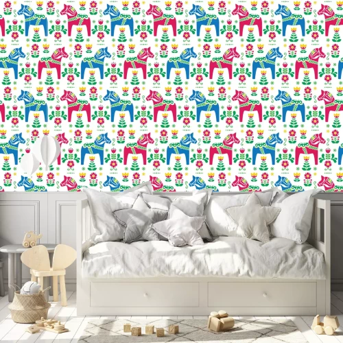 Behang Zweeds volkspatroon met paarden