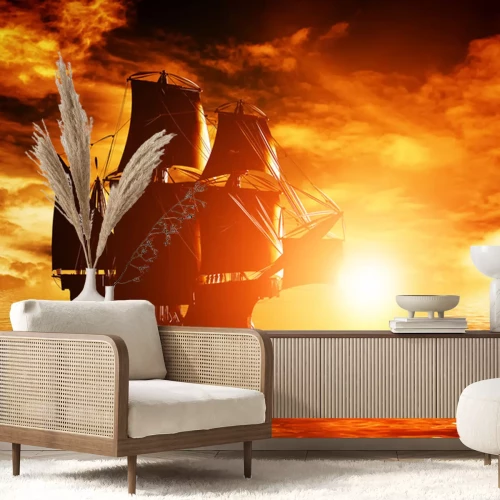 Fotobehang Oude piratenschip zeilen op de oceaan bij zonsondergang