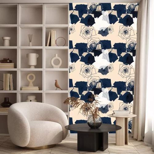 Behang Donkerblauw-beige rozen moderne graphic
