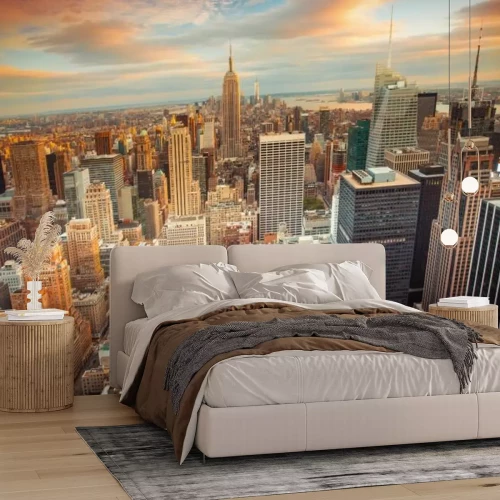 Fotobehang Zonsondergang in New York City Manhattan vanuit de lucht