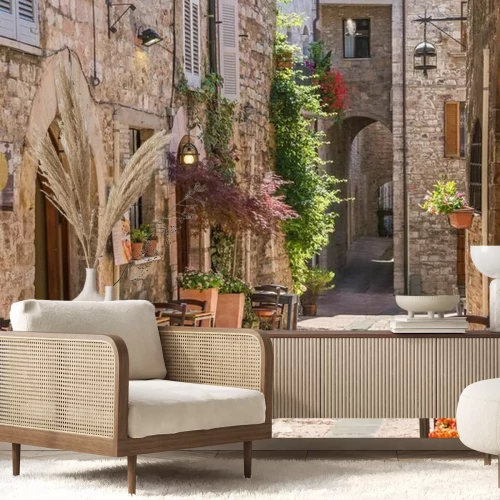 Fotobehang Een restaurant in een Italiaanse straat