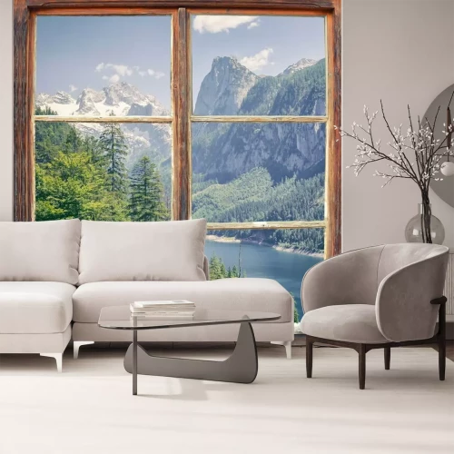 Fotobehang Uitzicht op de bergen buiten het raam