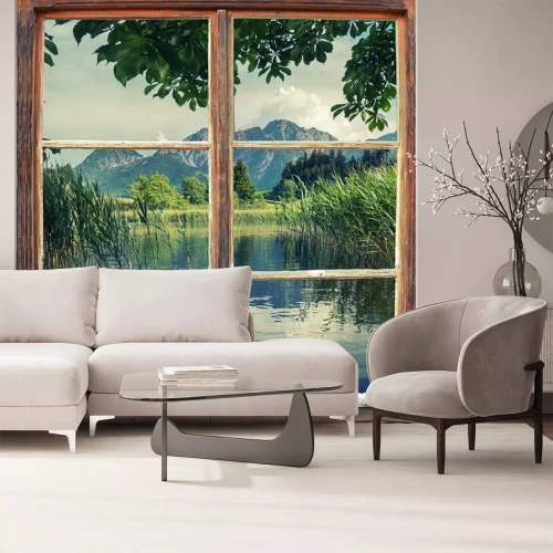 Fotobehang Uitzicht vanuit het raam op de bergen