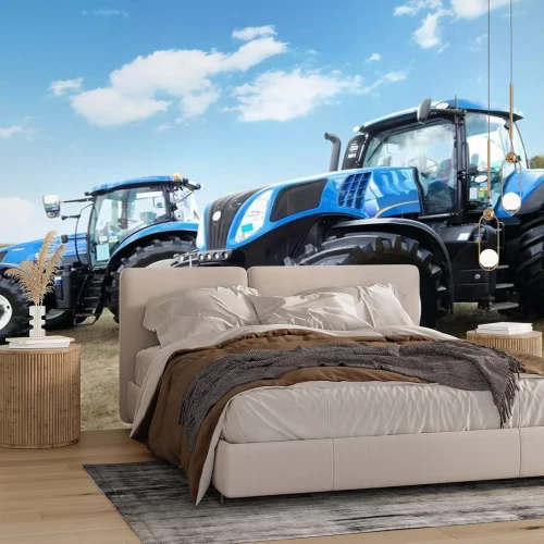 Fotobehang Twee blauwe tractoren op het veld