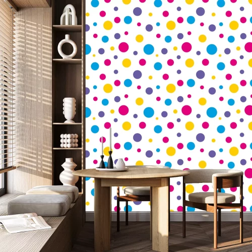 Behang Gekleurde stippen van verschillende grootte op een witte achtergrond