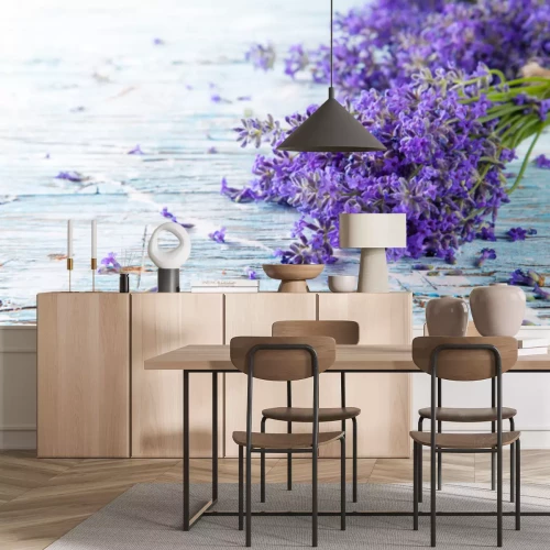 Fotobehang Lavendel op rustieke planken
