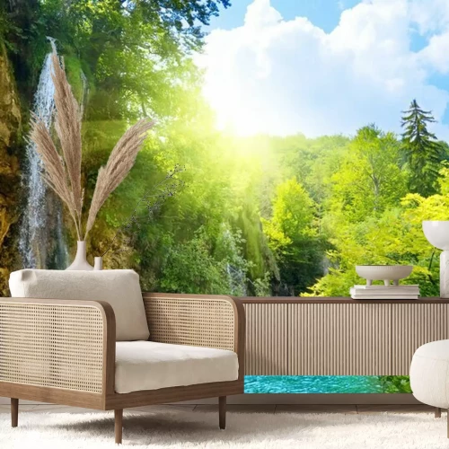 Fotobehang Zonnig bos en waterval