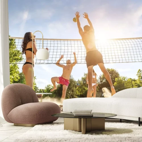 Sticker Groep jonge vrienden die Volleyball op het strand