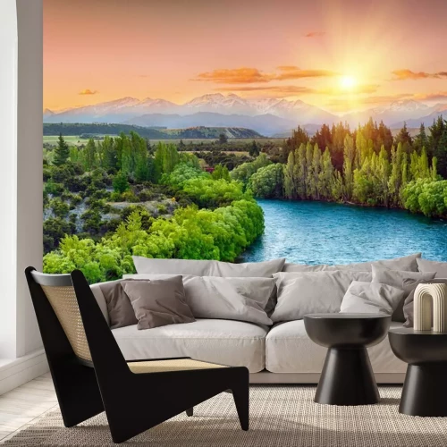 Fotobehang Landschap met een rivier en bergen