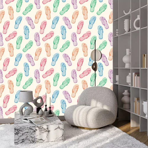 Behang Kleurrijke flip-flops op een beige achtergrond