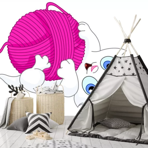 Sticker Witte kat die met roze garen speelt