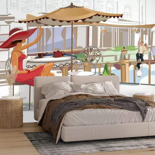 Fotobehang Vrouw in een straatcafé in geïllustreerde stijl