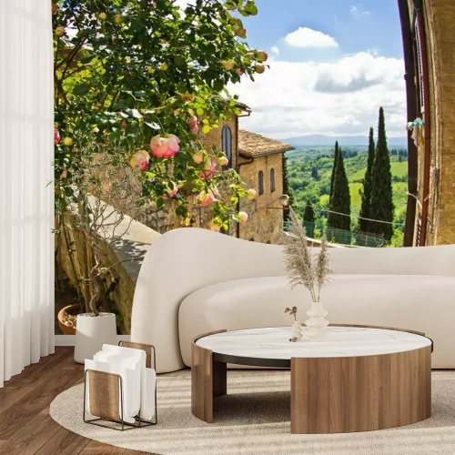 Fotobehang Rozen op balkon in San Gimignano, Toscane landschap achtergrond