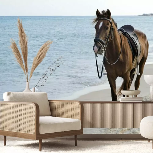 Fotobehang Gezadeld paard op een strand
