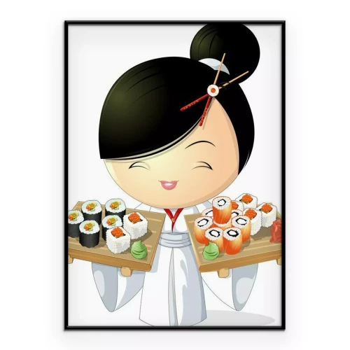 Poster Illustratie van een meisje in een kimono met sushi.