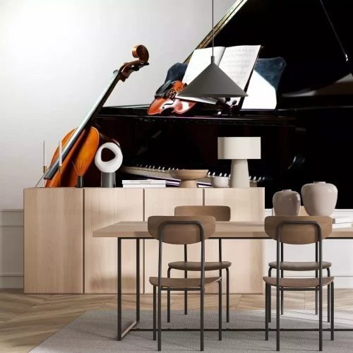 Fotobehang Muziekinstrumenten en bladmuziek op een witte achtergrond