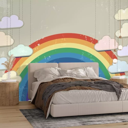 Sticker Wolken op een achtergrond van regenbogen in vintage stijl