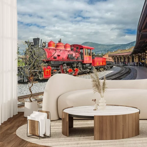 Fotobehang Rode locomotief retro-trein