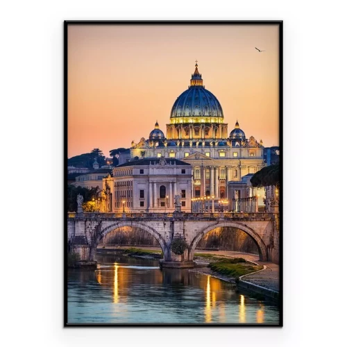 Poster Uitzicht op de Sint-Pietersbasiliek in Rome bij zonsondergang.