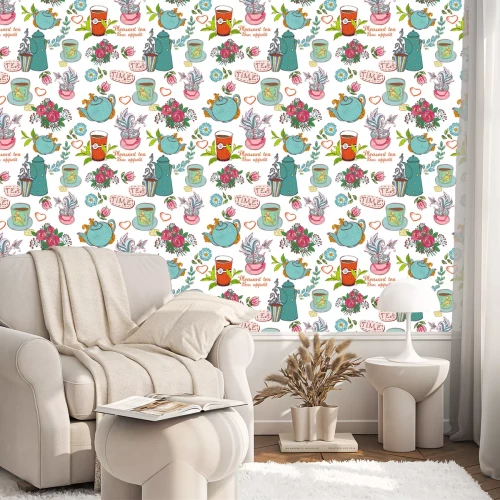 Behang Patroon met een theethema