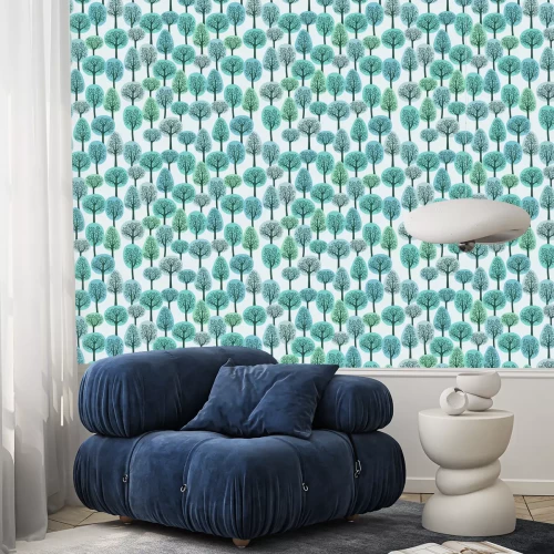 Behang Blauwe grafische bomen