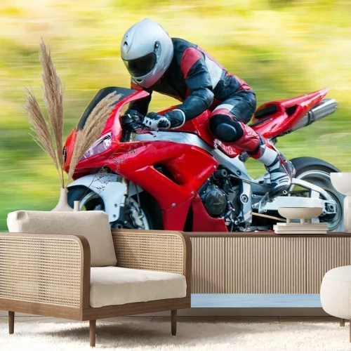 Fotobehang Rode racemotor met wazige achtergrond