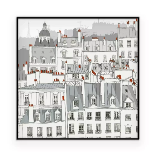 Poster Een cartoonpanorama van de daken van Parijs