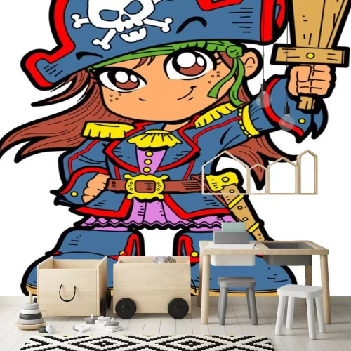 Sticker Piraatmeisje met een houten zwaard