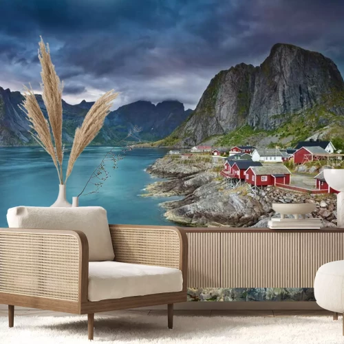 Fotobehang Een stadje met rode huizen op een klif in Noorwegen