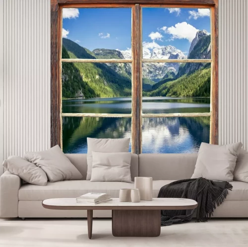 Fotobehang Uitzicht vanuit het raam op het meer en de bergketens