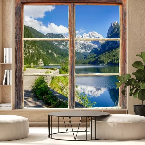 Fotobehang Landschap met bergen buiten het raam