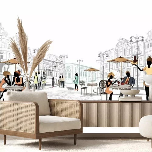 Fotobehang Oude stadsstraat met vintage cafés