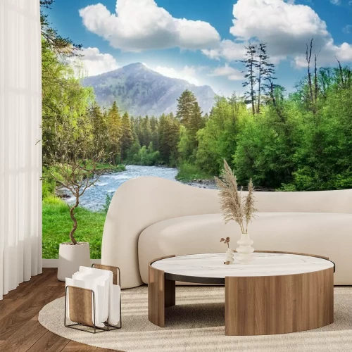 Fotobehang Rivier en bos in de bergen