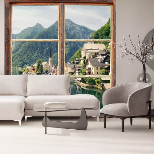 Fotobehang Raam met uitzicht op Hallstatt