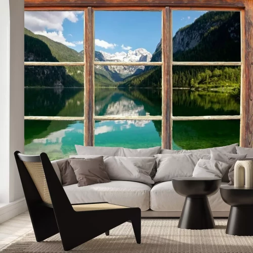 Fotobehang Raam met uitzicht op het meer van Gosau