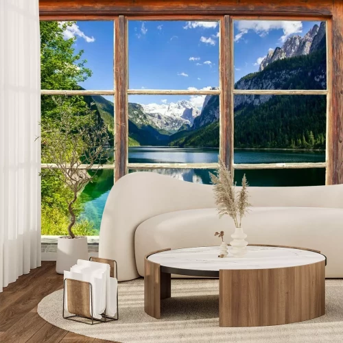 Fotobehang Raam met uitzicht op het meer van Gosau