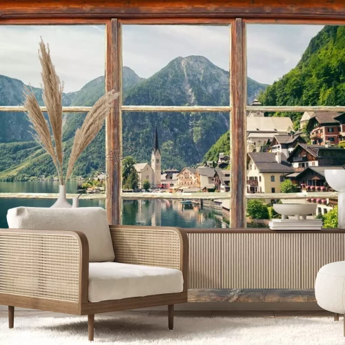 Fotobehang Een raam met uitzicht op Hallstatt